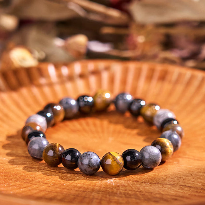 Pulsera de la calma con piedra de Buda, varios cristales, malaquita, lazurita, lapislázuli y hemimorfita. - Piedra ojo de tigre negra con purpurina y cuentas de vidrio negro (circunferencia de la muñeca: 14-16 cm) - image 159