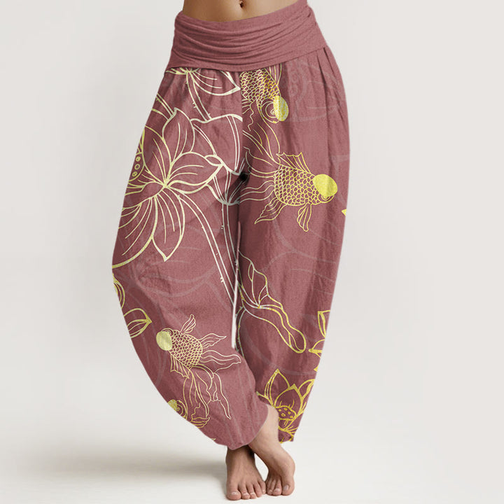 Pantalones harén con cintura elástica para mujer con diseño de pez koi, hojas de loto y piedras de Buddha Stones - Rojo violeta pálido - US22，UK/AU26，EU54 (6XL) - image 8