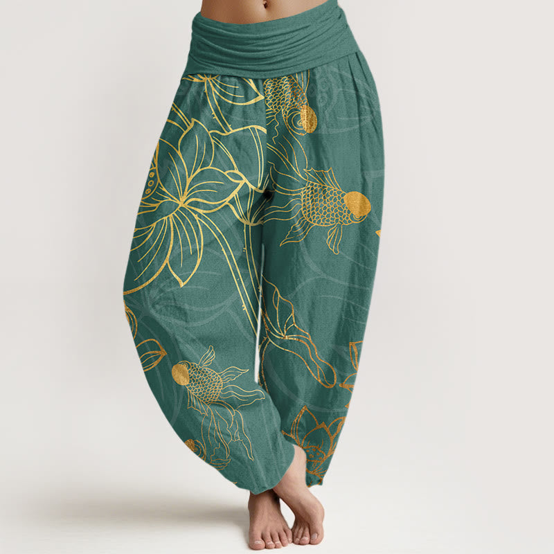 Pantalones harén con cintura elástica para mujer con diseño de pez koi, hojas de loto y piedras de Buddha Stones - Cian oscuro - US22，UK/AU26，EU54 (6XL) - image 0