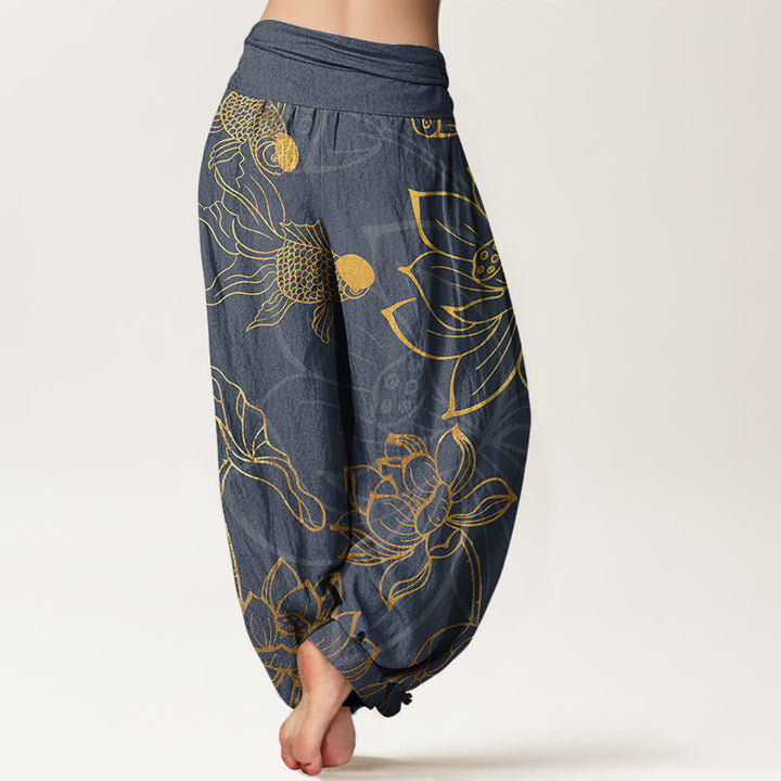 Pantalones harén con cintura elástica para mujer con diseño de pez koi, hojas de loto y piedras de Buddha Stones - image 7