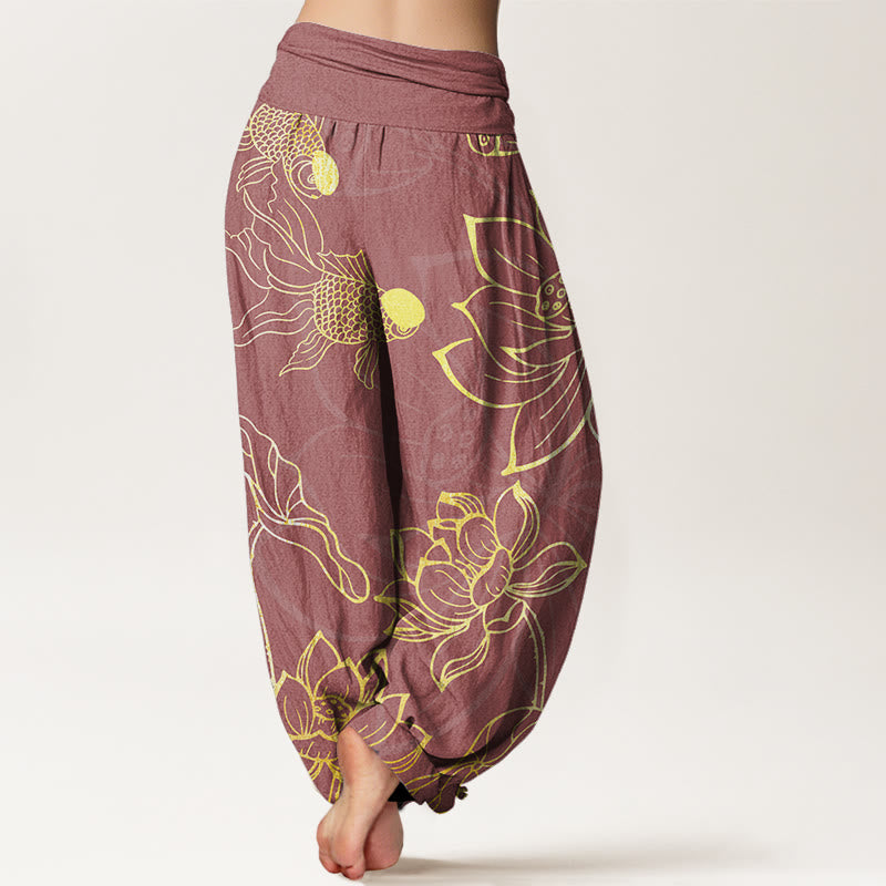 Pantalones bombachos de cintura elástica para mujer con estampado de hojas de loto, peces koi y piedras de Buddha Stones en algodón. - image 10