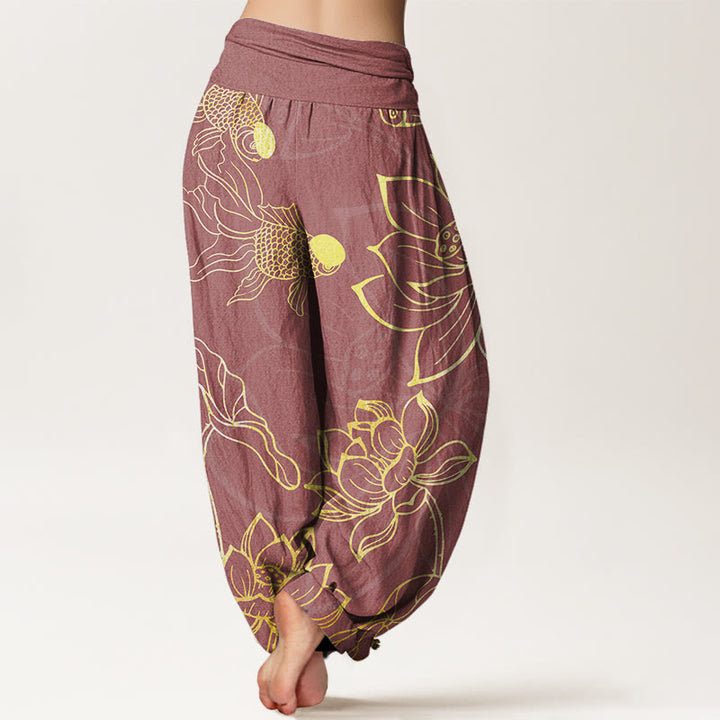 Pantalones bombachos de cintura elástica para mujer con estampado de hojas de loto, peces koi y piedras de Buddha Stones en algodón. - image 10