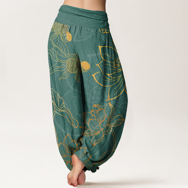 Pantalones harén con cintura elástica para mujer con diseño de pez koi, hojas de loto y piedras de Buddha Stones - image 2
