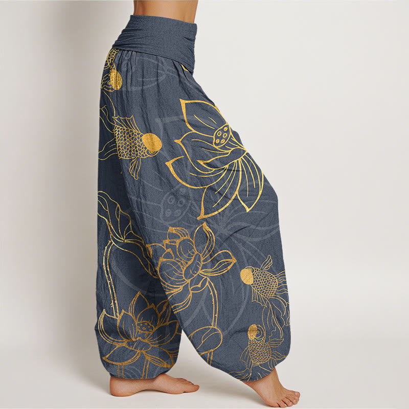 Pantalones harén con cintura elástica para mujer con diseño de pez koi, hojas de loto y piedras de Buddha Stones - image 6