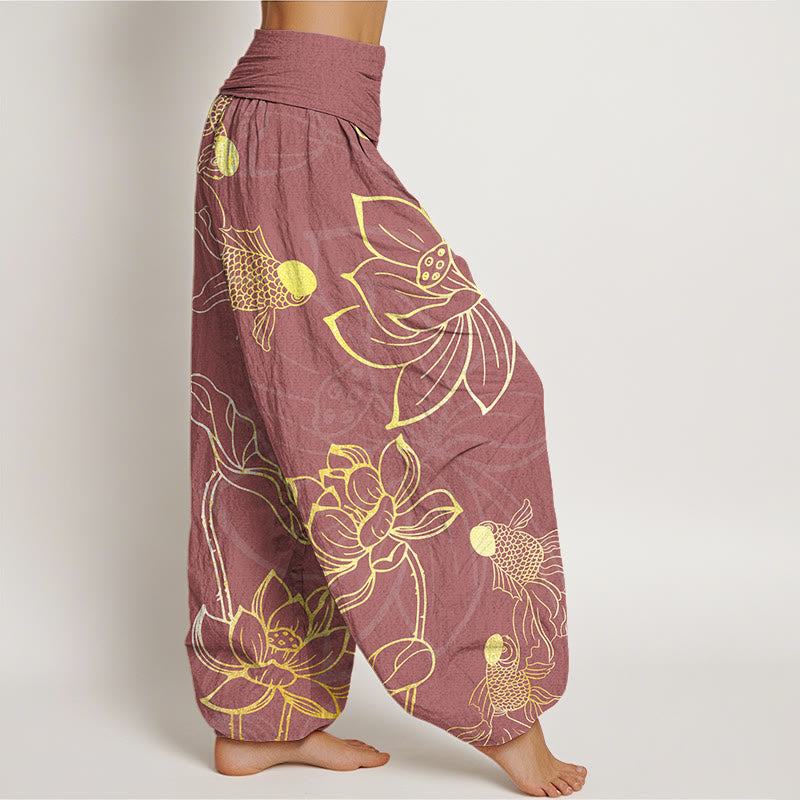Pantalones bombachos de cintura elástica para mujer con estampado de hojas de loto, peces koi y piedras de Buddha Stones en algodón. - image 8