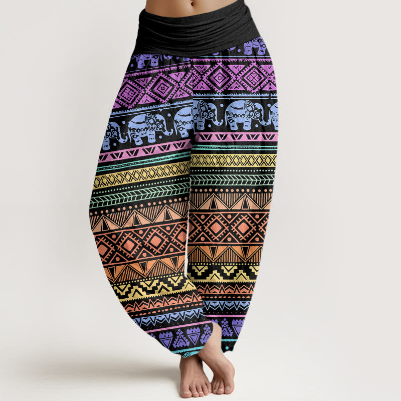 Pantalón tipo harem de mujer con cintura elástica, estampado geométrico de elefantes y Buddha Stones, de algodón, estilo casual. - Negro - US22，UK/AU26，EU54 (6XL) - image 0