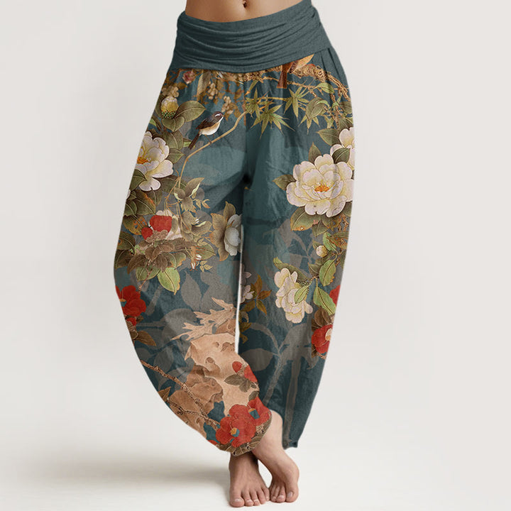 Pantalones harén con cintura elástica para mujer, informales, con diseño de peonías, hojas y urraca, con Buddha Stones - Verde azulado - US22，UK/AU26，EU54 (6XL) - image 0