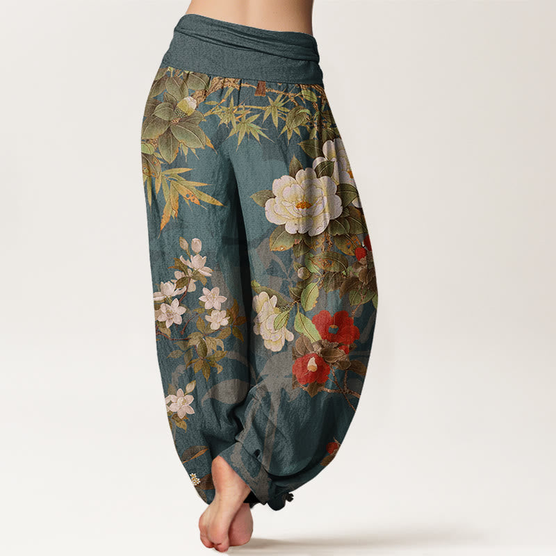 Pantalones harén con cintura elástica para mujer, informales, con diseño de peonías, hojas y urraca, con Buddha Stones - image 2