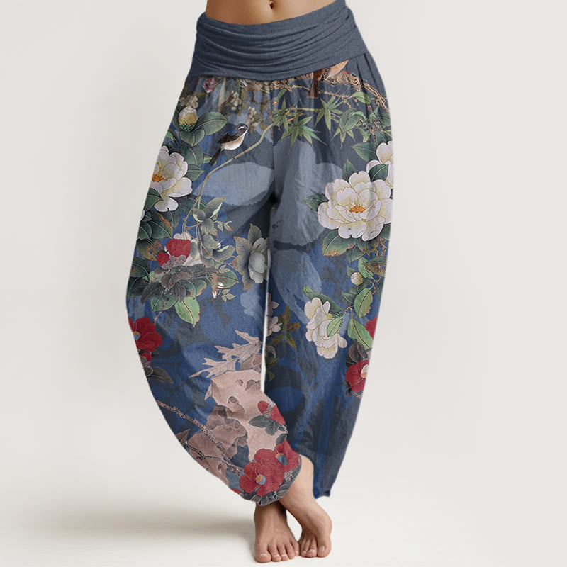 Pantalones harén con cintura elástica para mujer, informales, con diseño de peonías, hojas y urraca, con Buddha Stones - Azul acero - US22，UK/AU26，EU54 (6XL) - image 7