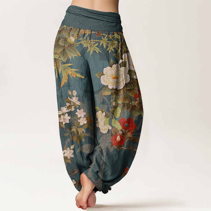 Pantalones bombachos de cintura elástica para mujer, estilo casual, de algodón, con estampado de peonías, hojas y flores de Buddha Stones. - image 2