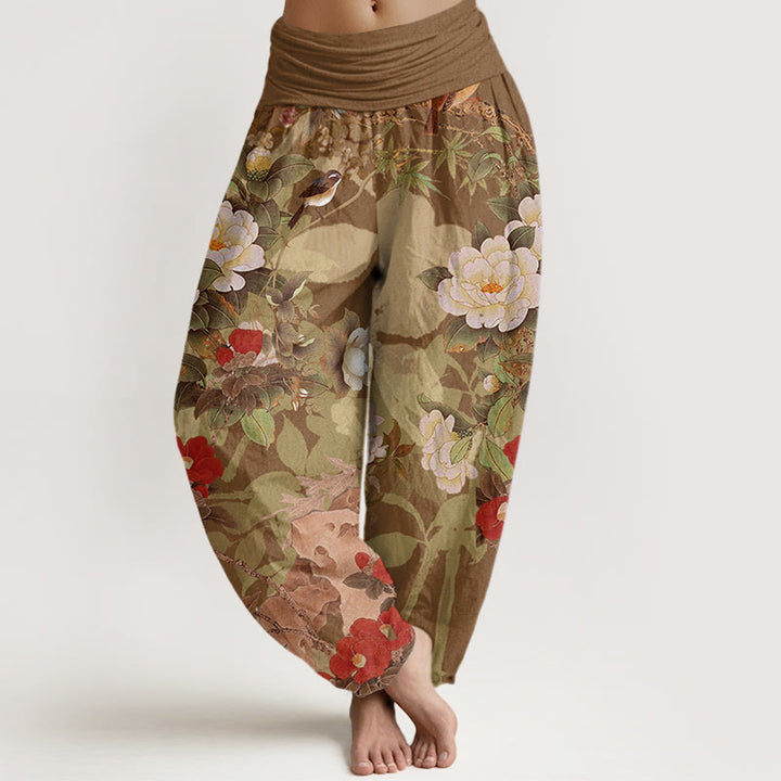 Pantalones bombachos de cintura elástica para mujer, estilo casual, de algodón, con estampado de peonías, hojas y flores de Buddha Stones. - Vara de oro oscuro - US22，UK/AU26，EU54 (6XL) - image 4