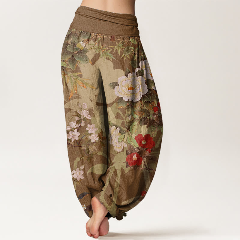 Pantalones harén con cintura elástica para mujer, informales, con diseño de peonías, hojas y urraca, con Buddha Stones - image 6