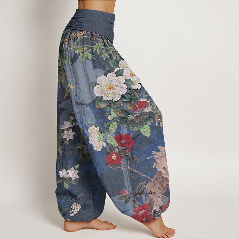Pantalones harén con cintura elástica para mujer, informales, con diseño de peonías, hojas y urraca, con Buddha Stones - image 8