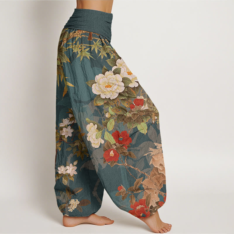 Pantalones bombachos de cintura elástica para mujer, estilo casual, de algodón, con estampado de peonías, hojas y flores de Buddha Stones. - image 1