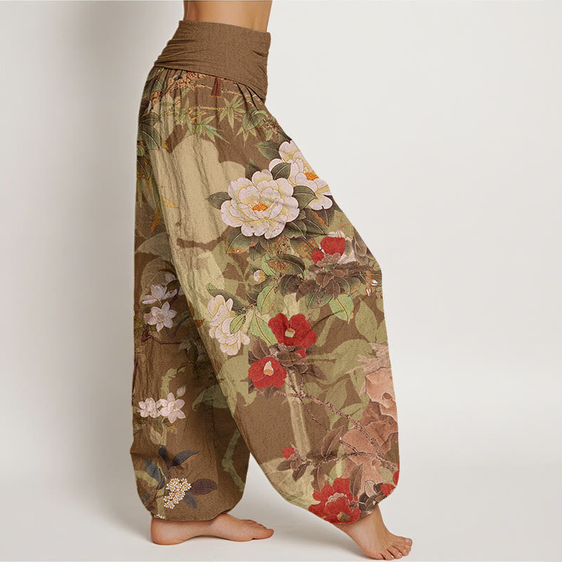 Pantalones harén con cintura elástica para mujer, informales, con diseño de peonías, hojas y urraca, con Buddha Stones - image 5