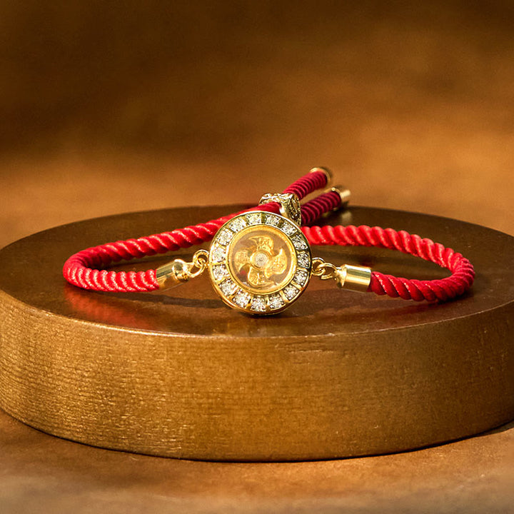 Pulsera trenzada con hilo rojo y molino de viento giratorio de Qi, Feng Sheng Shui, latón y cobre con Buddha Stones