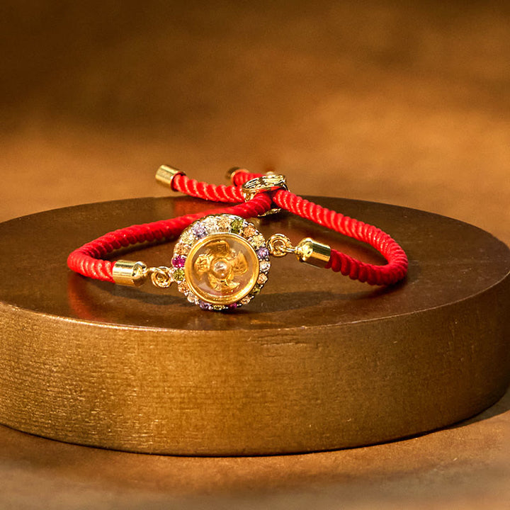 Pulsera trenzada con hilo rojo y Buddha Stones, color cobre y latón, molino de viento giratorio, Feng Sheng Shui, Qi Fu