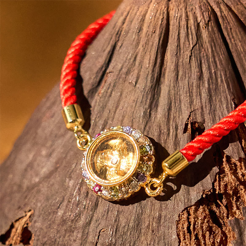 Pulsera trenzada con hilo rojo y Buddha Stones, color cobre y latón, molino de viento giratorio, Feng Sheng Shui, Qi Fu
