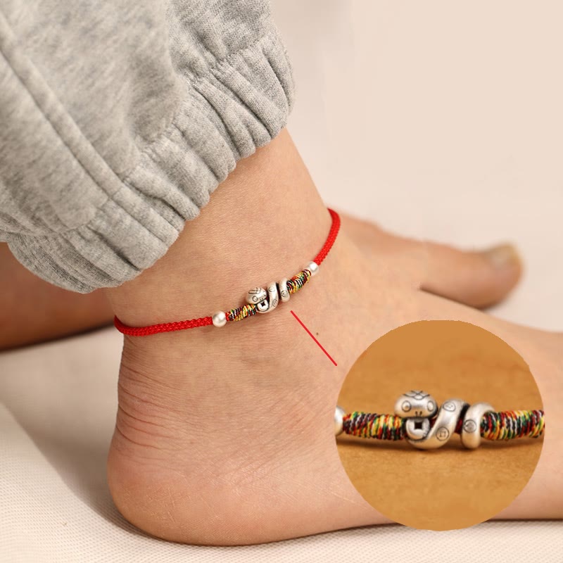 Tobillera con hilo rojo y Buddha Stones en plata de ley 999 con el año de la serpiente - image 0