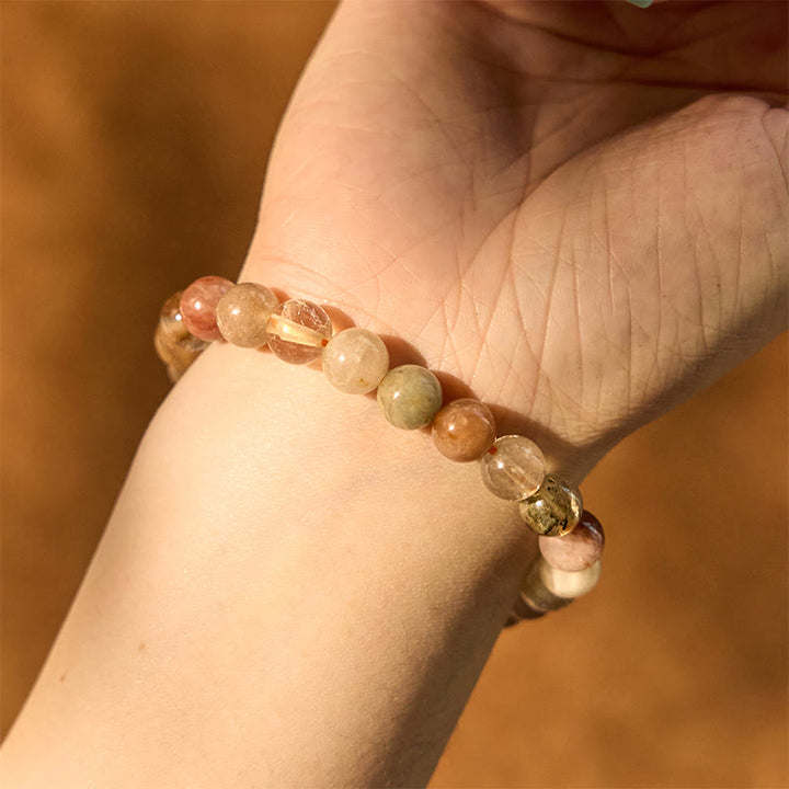 Pulsera de crecimiento espiritual de cuarzo rutilado multicolor natural con Buddha Stones