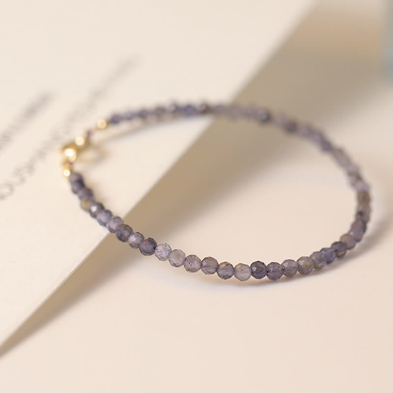 Pulsera de comunicación de cobre bañada en oro de 14 k con cuentas ultrafinas de iolita y amatista de 3 mm y Buddha Stones - image 1