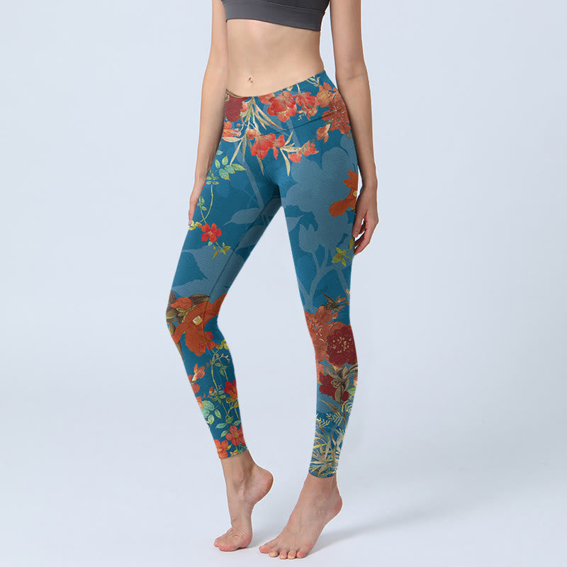 Leggings de yoga para mujer con estampado de pájaros, flores, pájaros, piedras de Buddha Stones y azul - Azul acero - US18，UK/AU22，EU50 (4XL) - image 1