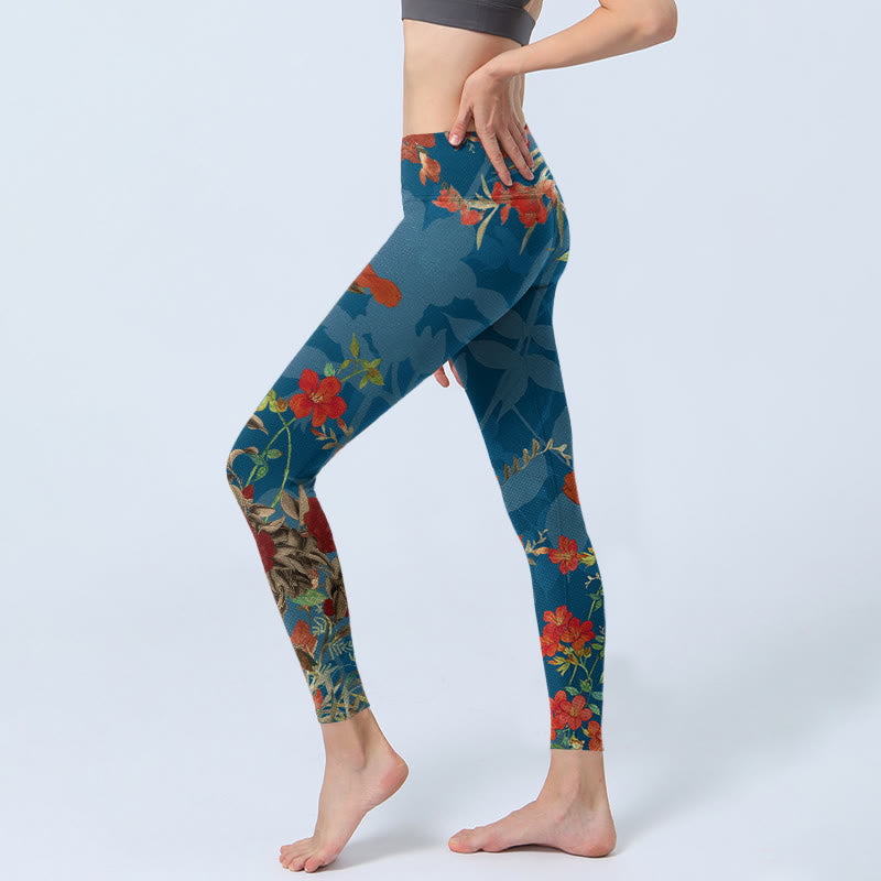 Leggings de yoga para mujer con estampado de pájaros, flores, pájaros, piedras de Buddha Stones y azul - image 3
