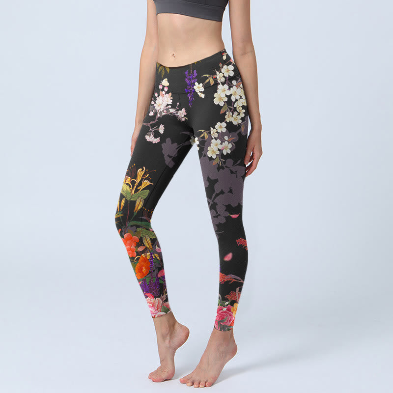 Leggings de yoga para mujer con estampado de flores de colores y Buddha Stones en color negro - Negro - US18，UK/AU22，EU50 (4XL) - image 1