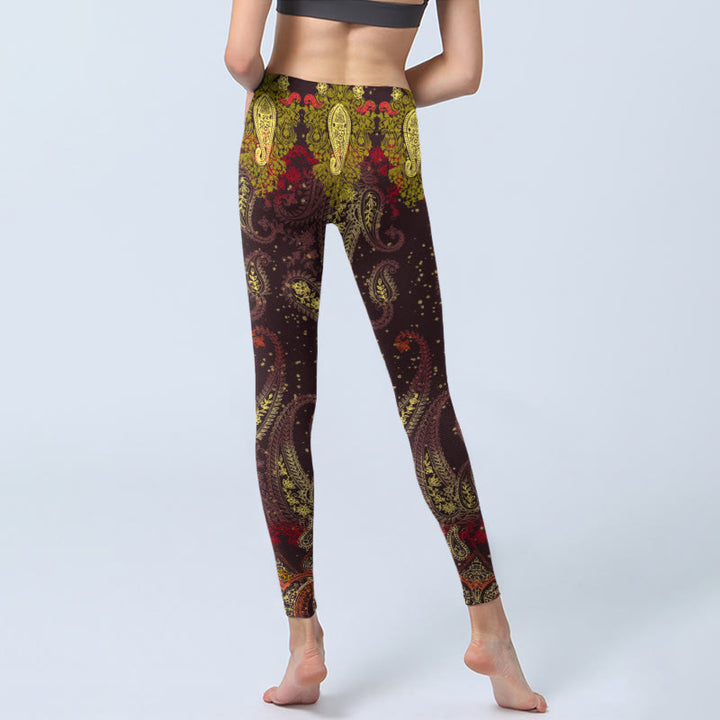 Leggings de yoga para mujer con estampado de flores de anacardo en color marrón rojizo y Buddha Stones - image 7