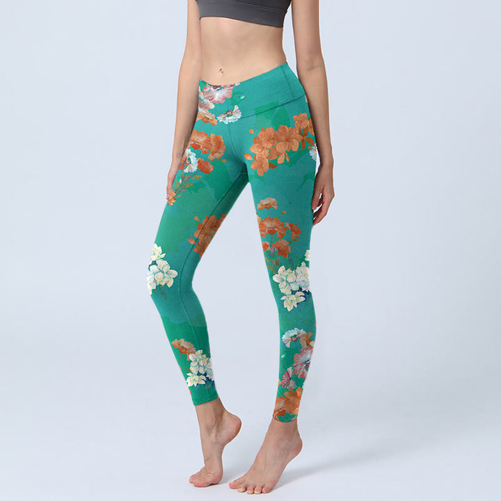 Leggings de yoga para mujer con estampado floral en color verde, naranja y beige y Buddha Stones - Turquesa - US18，UK/AU22，EU50 (4XL) - image 0