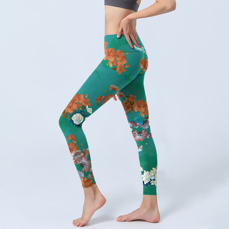 Leggings de yoga para mujer con estampado floral en color verde, naranja y beige y Buddha Stones - image 3