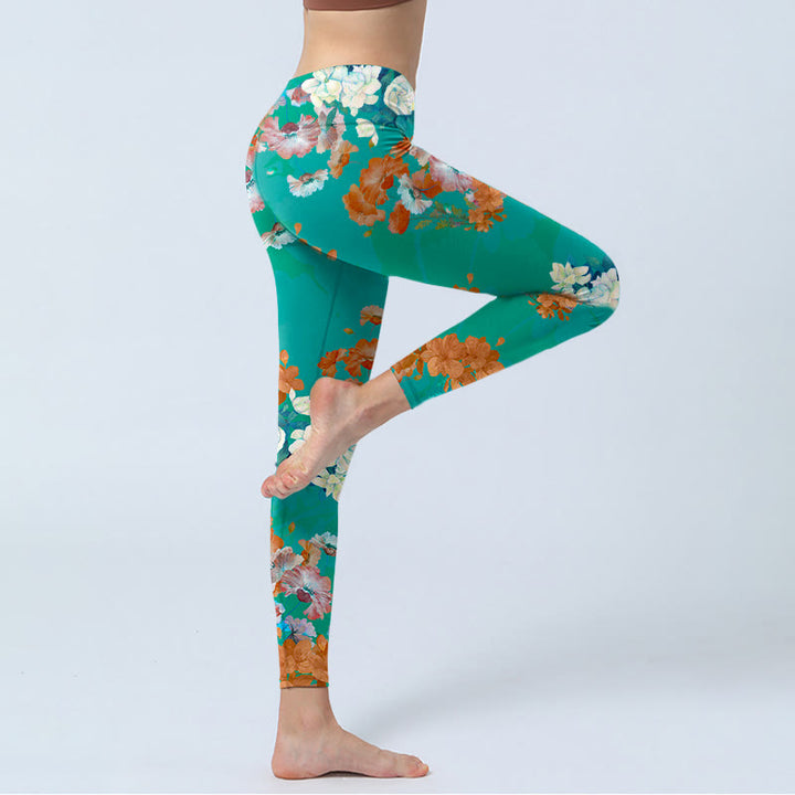 Leggings de yoga para mujer con estampado floral en color verde, naranja y beige y Buddha Stones - image 4