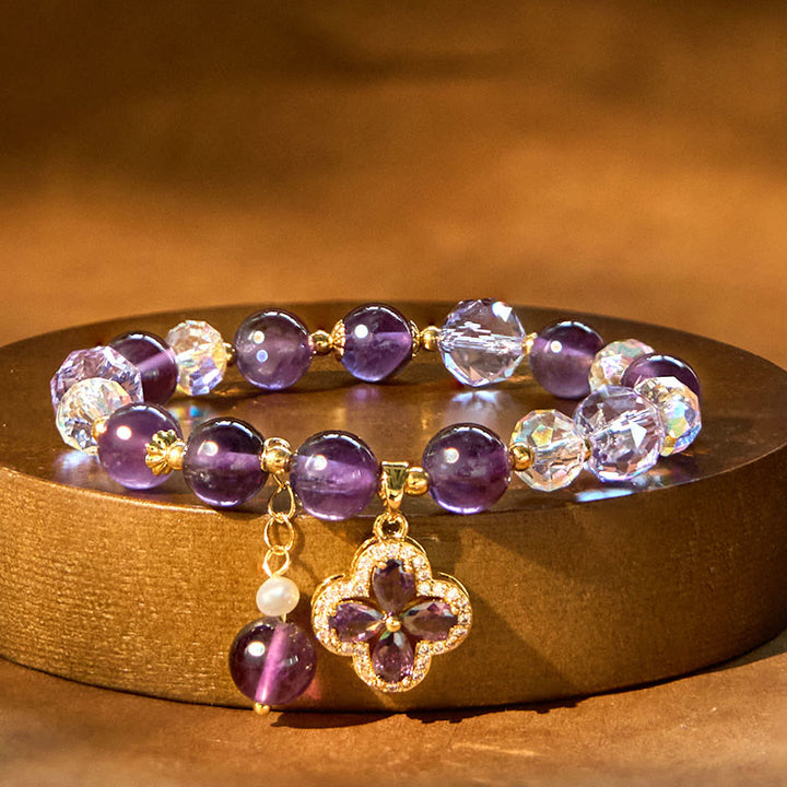 Pulsera de curación espiritual con trébol de cuatro hojas y cristal de amatista natural con Buddha Stones