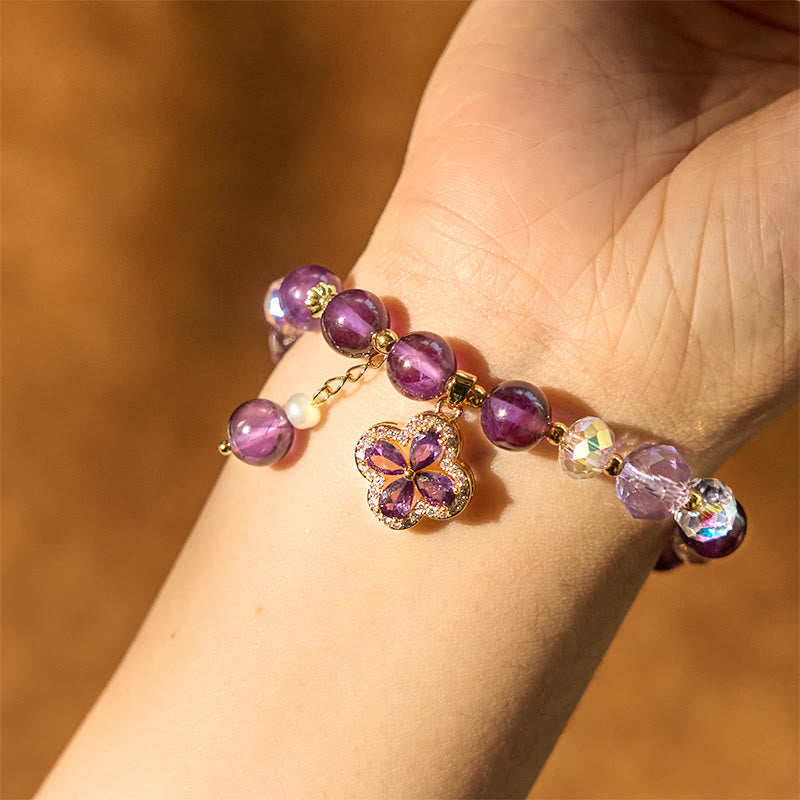 Pulsera de curación espiritual con trébol de cuatro hojas y cristal de amatista natural con Buddha Stones