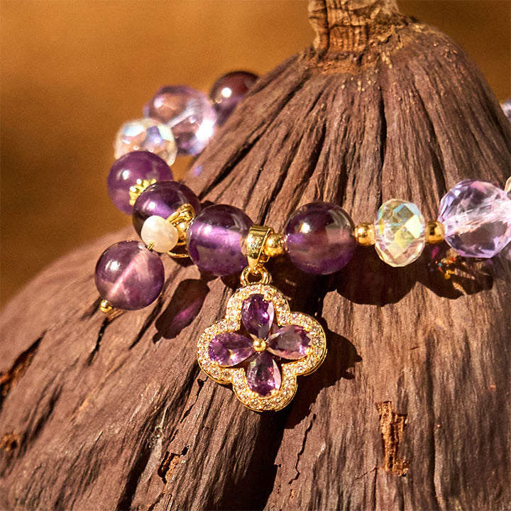 Pulsera de curación espiritual con trébol de cuatro hojas y cristal de amatista natural con Buddha Stones