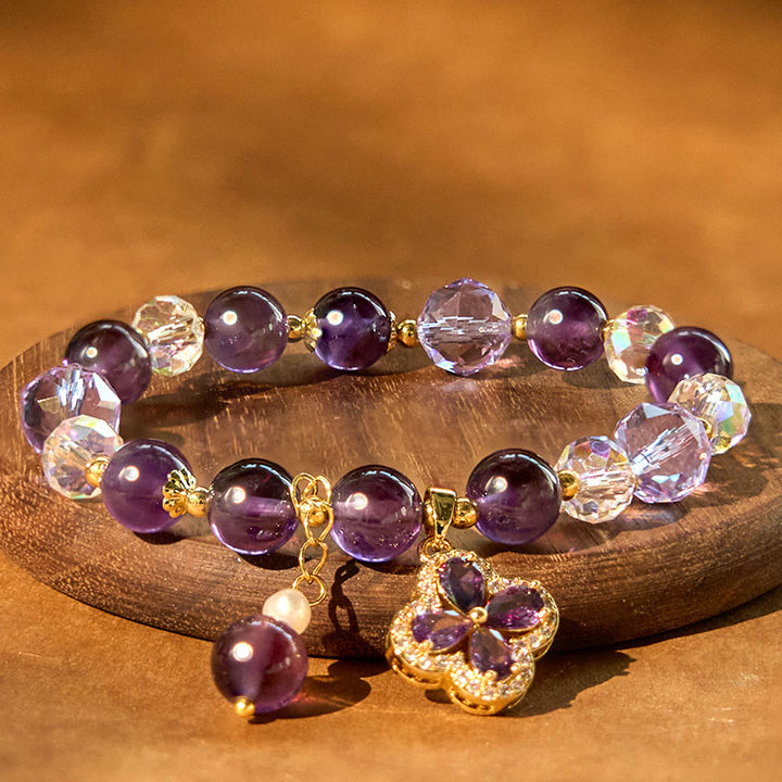 Pulsera de curación espiritual con trébol de cuatro hojas y cristal de amatista natural con Buddha Stones