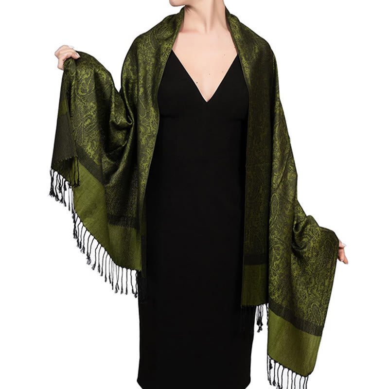 Chal tibetano de jacquard de anacardo con borlas y Buddha Stones , ideal para primavera, otoño e invierno. Bufanda cálida y acogedora. - Verde oliva 180*70cm - image 23