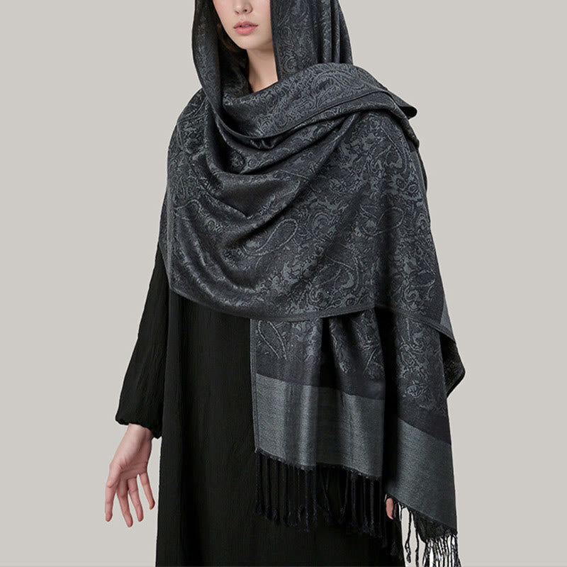 Chal tibetano de jacquard de anacardo con borlas y Buddha Stones , ideal para primavera, otoño e invierno. Bufanda cálida y acogedora. - Gris pizarra 180*70cm - image 26