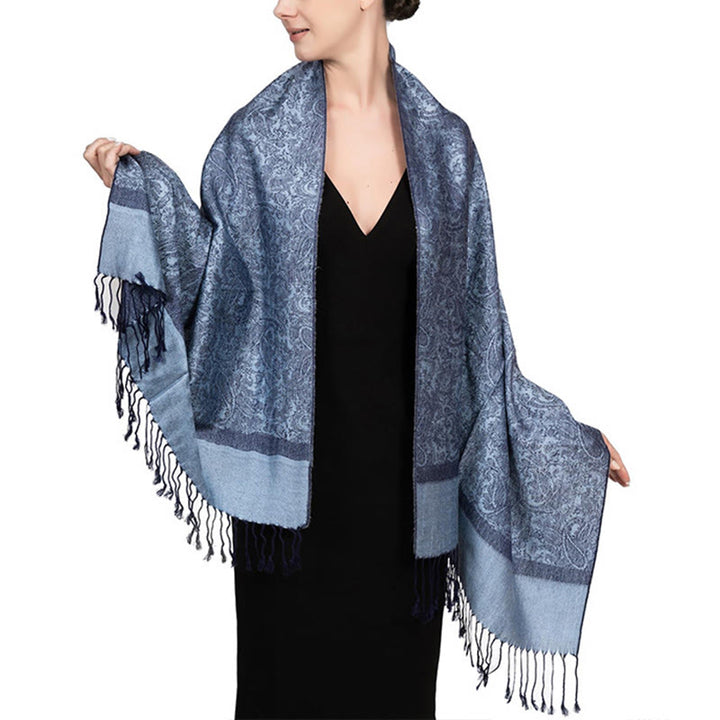 Chal tibetano de jacquard de anacardo con borlas y Buddha Stones , ideal para primavera, otoño e invierno. Bufanda cálida y acogedora. - Azul aciano 180*70cm - image 10