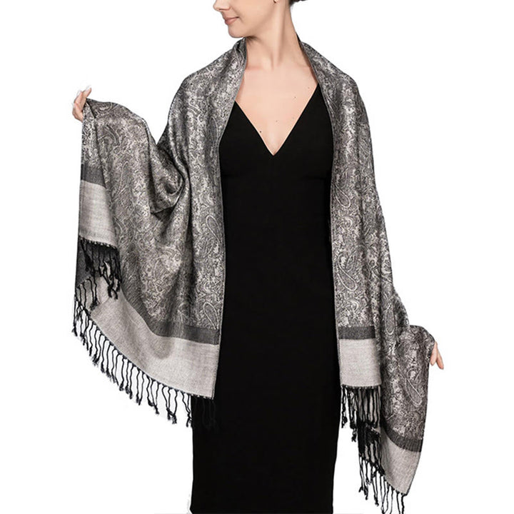 Chal tibetano de jacquard de anacardo con borlas y Buddha Stones , ideal para primavera, otoño e invierno. Bufanda cálida y acogedora. - Plata 180*70cm - image 17