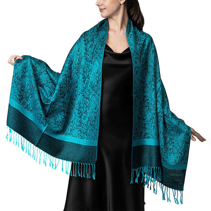 Chal tibetano de jacquard de anacardo con borlas y Buddha Stones , ideal para primavera, otoño e invierno. Bufanda cálida y acogedora. - Cian oscuro 180*70 cm - image 33
