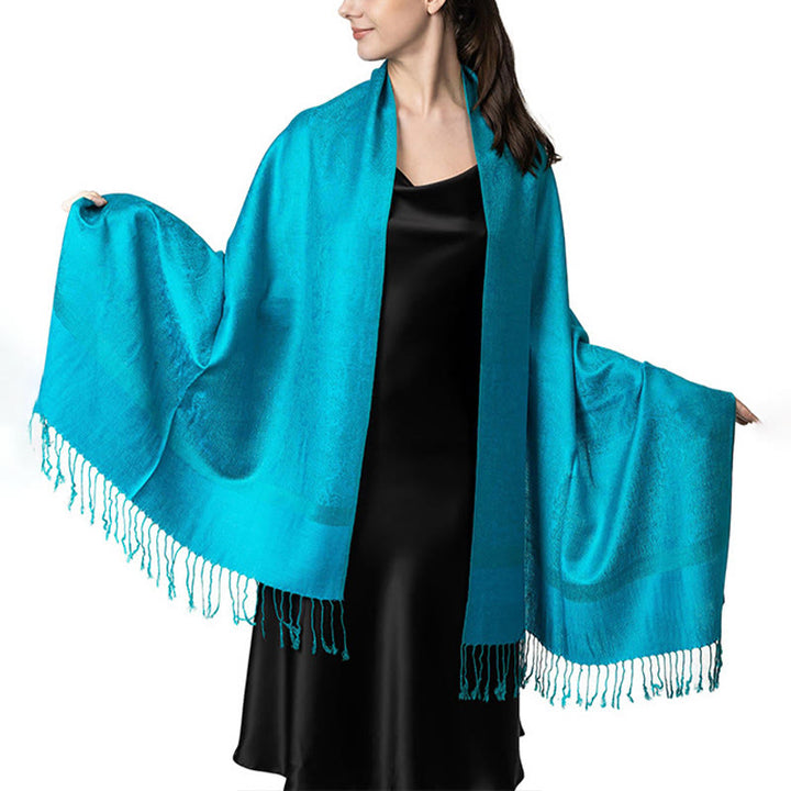 Chal tibetano de jacquard de anacardo con borlas y Buddha Stones , ideal para primavera, otoño e invierno. Bufanda cálida y acogedora. - Cian 180*70cm - image 38