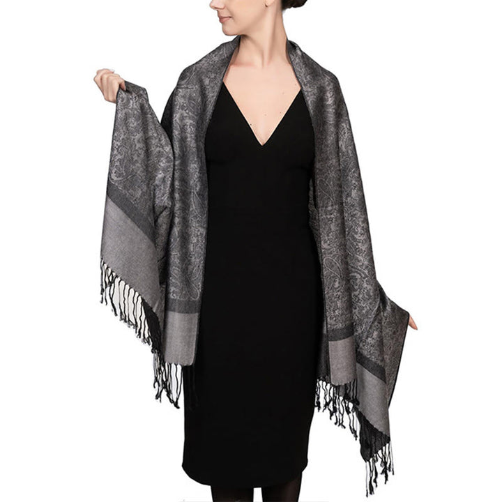 Chal tibetano de jacquard de anacardo con borlas y Buddha Stones , ideal para primavera, otoño e invierno. Bufanda cálida y acogedora. - Gris 180*70cm - image 39