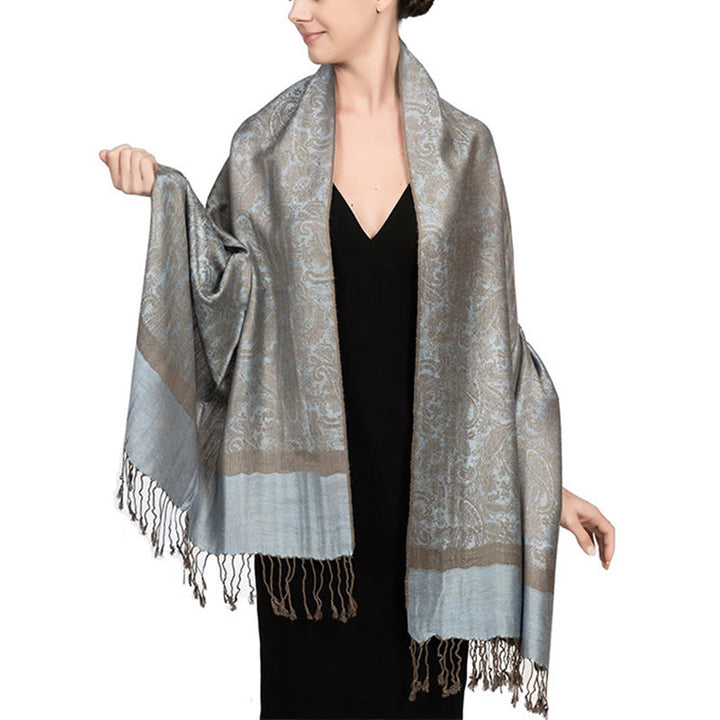 Chal tibetano de jacquard de anacardo con borlas y Buddha Stones , ideal para primavera, otoño e invierno. Bufanda cálida y acogedora. - Azul acero claro 180*70cm - image 41