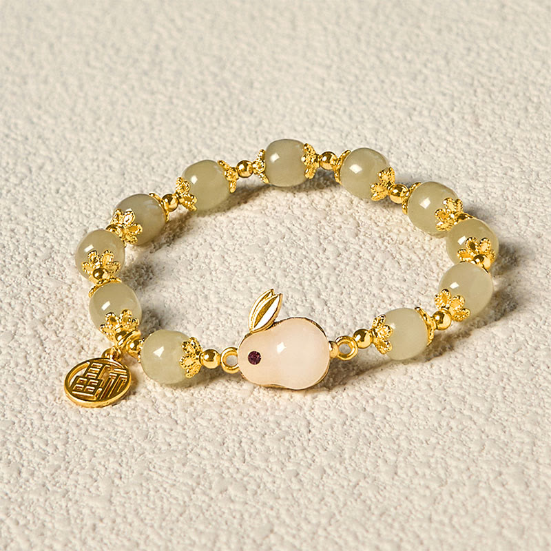 Pulsera de la abundancia de conejo de la marca Fu con personajes Fu de jade hetiano natural de Buddha Stones