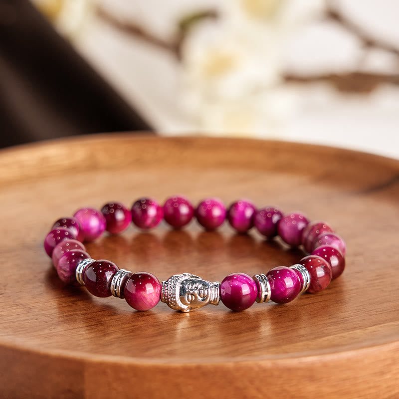 Pulsera de equilibrio con cabeza de Buda y ojo de tigre azul, verde y rojo con Buddha Stones
