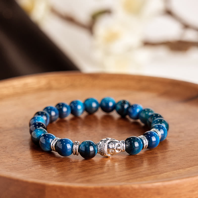 Pulsera de equilibrio con cabeza de Buda y ojo de tigre azul, verde y rojo con Buddha Stones
