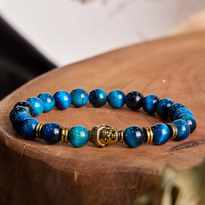 Pulsera de equilibrio con cabeza de Buda y ojo de tigre azul, verde y rojo con Buddha Stones