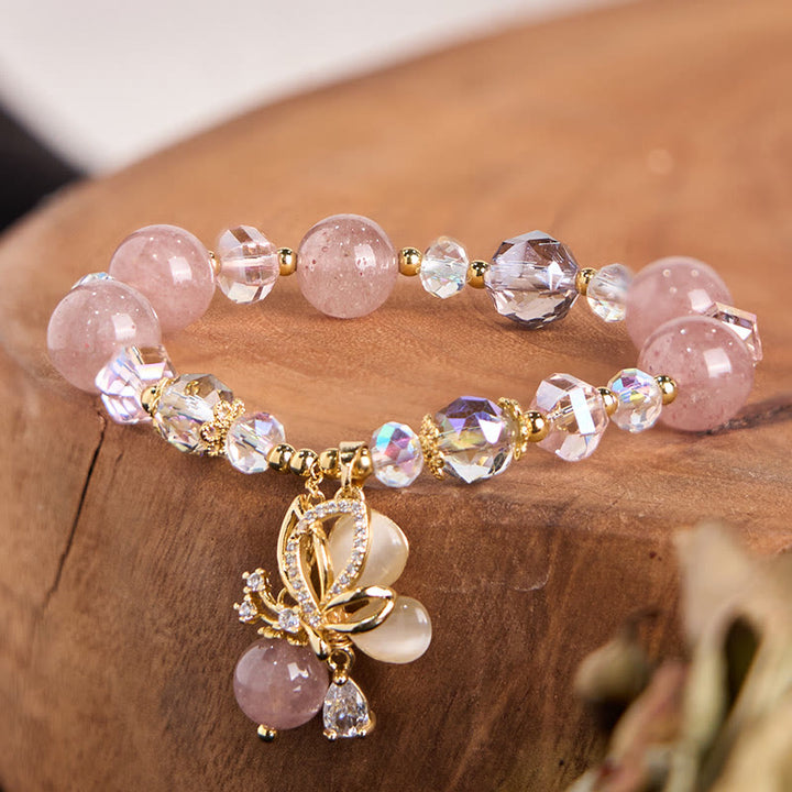 Pulsera curativa con forma de mariposa y cuarzo fresa natural de Buddha Stones
