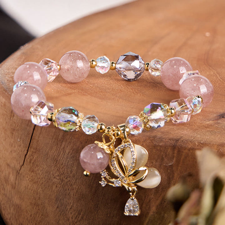 Pulsera curativa con forma de mariposa y cuarzo fresa natural de Buddha Stones
